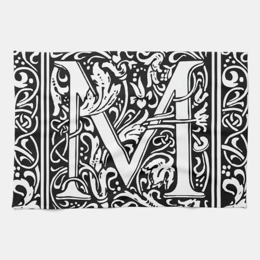 Letter M Middeleeuws Monogram Art Nouveau Theedoek (Horizontaal)
