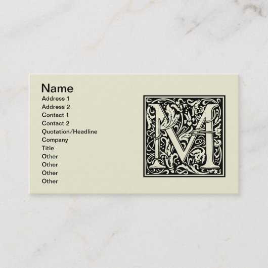 Letter M Middeleeuws Monogram Art Nouveau Visitekaartje (Voorkant)