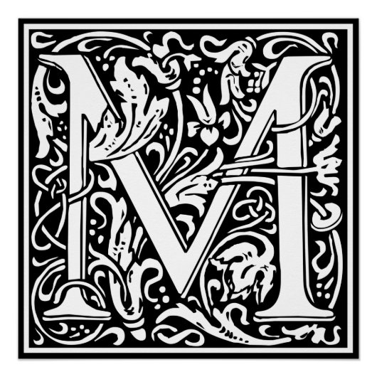 Letter M Middeleeuwse Monogram Art Nouveau Poster (Voorkant)