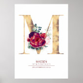Letter M Monogram Bloemrijk Burgundyrood en Goud Poster (Voorkant)