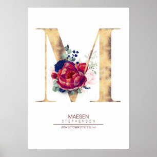 Letter M Monogram Florale Navyblauw en Burgundyroo Poster