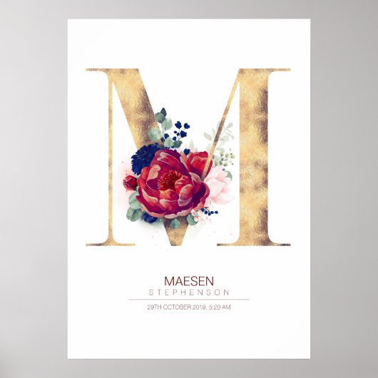 Letter M Monogram Florale Navyblauw en Burgundyroo Poster (Voorkant)