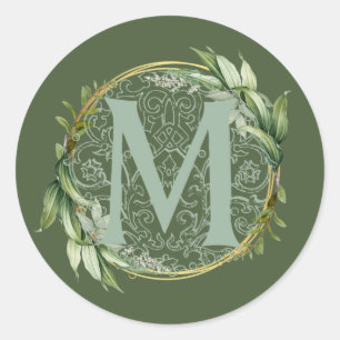 Letter M Monogram Initiaal Botanische Groene Blade Ronde Sticker