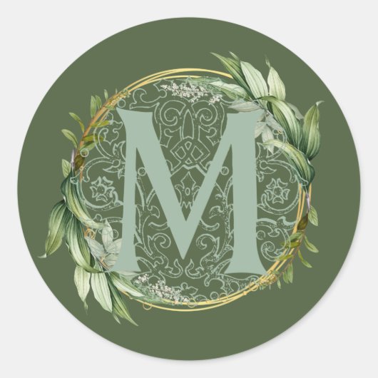 Letter M Monogram Initiaal Botanische Groene Blade Ronde Sticker (Voorkant)