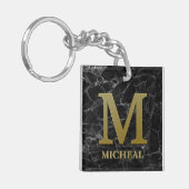 Letter M-monogram op zwarte marmer Sleutelhanger (Voorkant Links)