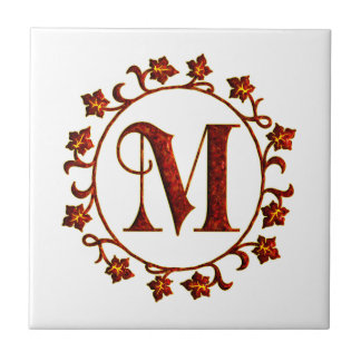 Letter M Monogram Red Leaves Tegeltje