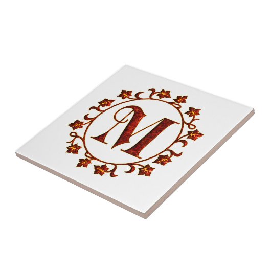 Letter M Monogram Red Leaves Tegeltje (Zijkant)
