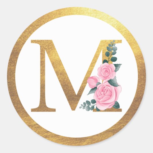 Letter M Monogram Roze Rozen Bloemen & Elegant Gou Ronde Sticker (Voorkant)