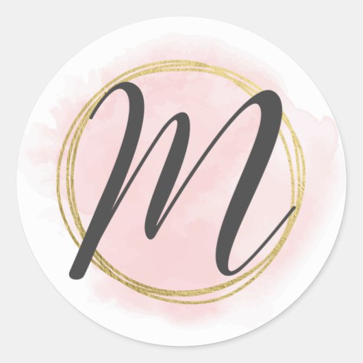 Letter M Monogram Roze Waterverf Goud Chic Ronde Sticker (Voorkant)