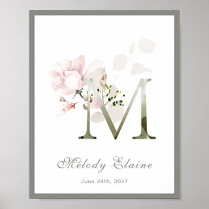 Letter M Monogram Roze White Floral Nursery Poster
