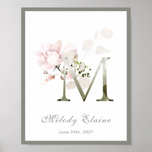 Letter M Monogram Roze White Floral Nursery Poster (Voorkant)