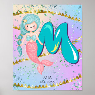 Letter M Monogram Waterverf Cute Mermaid Nursery Poster