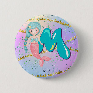 Letter M Monogram Waterverf Cute Mermaid Nursery Ronde Button 5,7 Cm