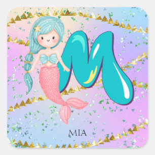 Letter M Monogram Waterverf Cute Mermaid Nursery Vierkante Sticker
