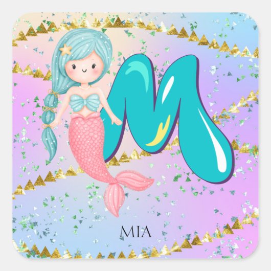 Letter M Monogram Waterverf Cute Mermaid Nursery Vierkante Sticker (Voorkant)