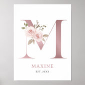 Letter M Monogram Waterverf Roos Bloemen Kinderkam Poster (Voorkant)