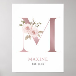 Letter M Monogram Waterverf Roos Bloemen Kinderkam Poster