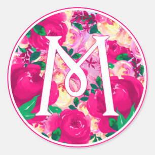 Letter M Roze Waterverf Bloemencirkel Monogram Ronde Sticker