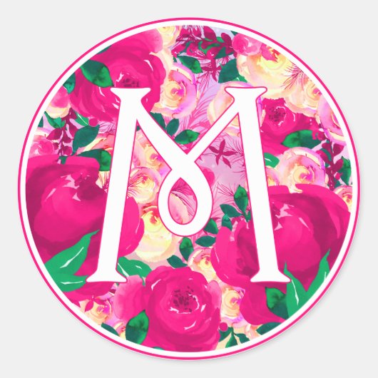 Letter M Roze Waterverf Bloemencirkel Monogram Ronde Sticker (Voorkant)