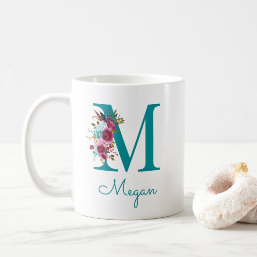 Letter M Teal Roze Bloem Koffiemok (Met donut)