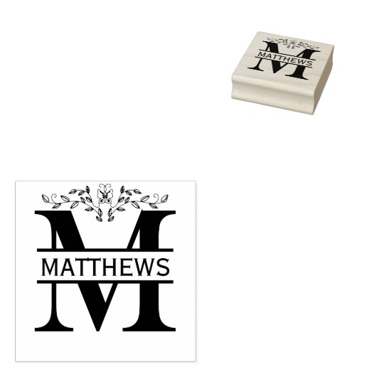 Letter M vlinder verlaat Split Monogram Rubberstempel (Gestempeld)