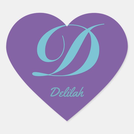 Letter Monogram Initiaal D Paarse Blauwe kalligraf Hart Sticker (Voorkant)