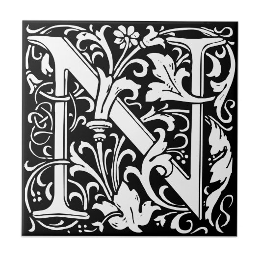 Letter N art nouveau black and white Tegel Tegeltje (Voorkant)