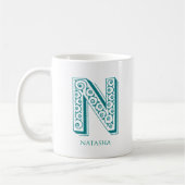 Letter N Blauwgroen Monogram Modern Naam Koffiemok (Links)