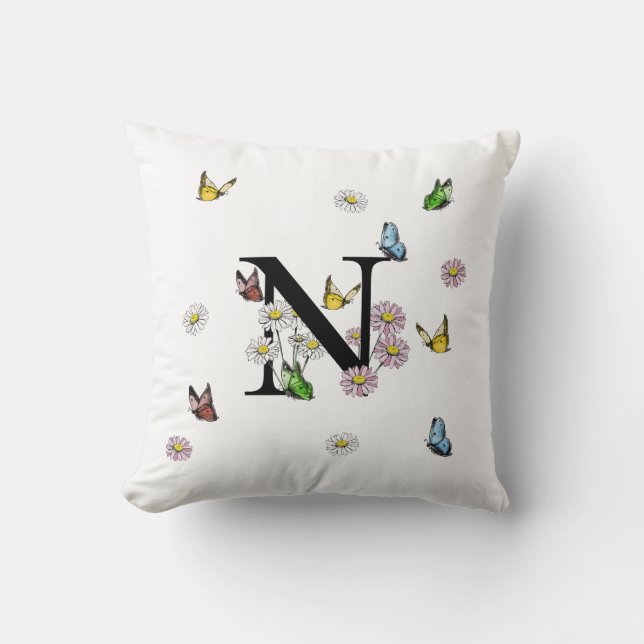 Letter N Bloem Vlinder Monogram Initiaal Kussen (Voorkant)