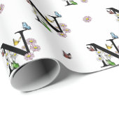 Letter N Bloemige Waterverf Vlinder Monogram Cadeaupapier (Rol Hoek)