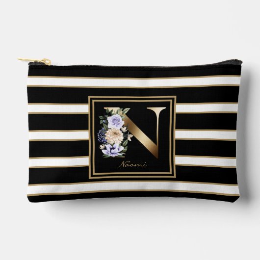Letter N Bloemmonogram Zwart Wit Gouden Strepen Etui (Voorkant)