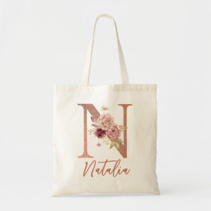 Letter N Blush roze Glitter Floral Monogram Tote Bag