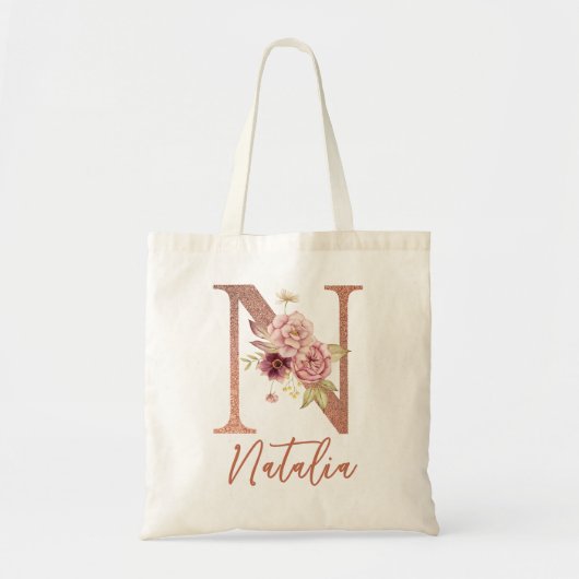 Letter N Blush roze Glitter Floral Monogram Tote Bag (Voorkant)