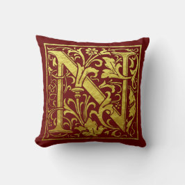 Letter N Eerste letter Faux Gold en Red Kussen