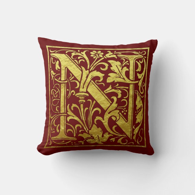 Letter N Eerste letter Faux Gold en Red Kussen (Voorkant)