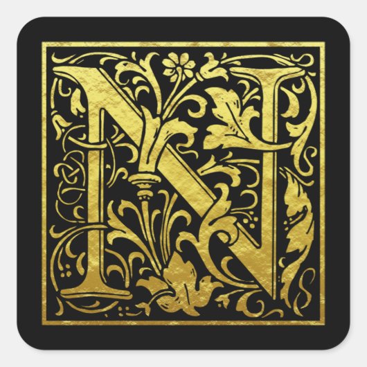 Letter N Eerste Letter Faux Gold zwart Vierkante Sticker (Voorkant)