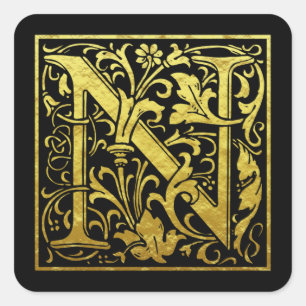 Letter N Eerste Letter Faux Gold zwart Vierkante Sticker