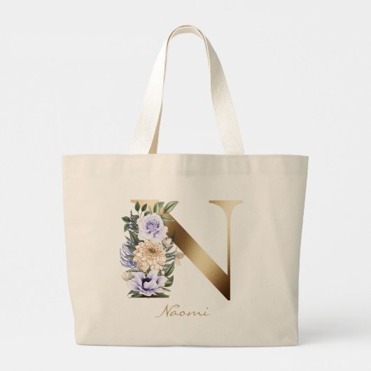 Letter N Elegant Floral Gold Monogram Grote Tote Bag (Achterkant)