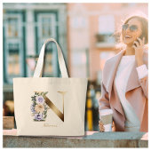 Letter N Elegant Floral Gold Monogram Grote Tote Bag