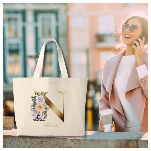 Letter N Elegant Floral Gold Monogram Grote Tote Bag