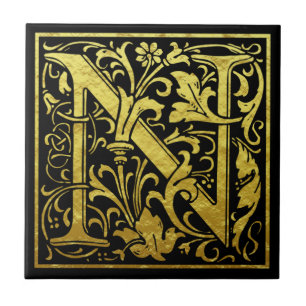 Letter N First Letter Faux Gold Black Tegeltje
