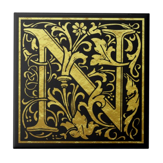 Letter N First Letter Faux Gold Black Tegeltje (Voorkant)