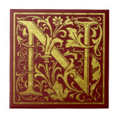 Letter N First Letter Faux Gold Red Tegeltje (Voorkant)