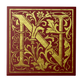 Letter N First Letter Faux Gold Red Tegeltje