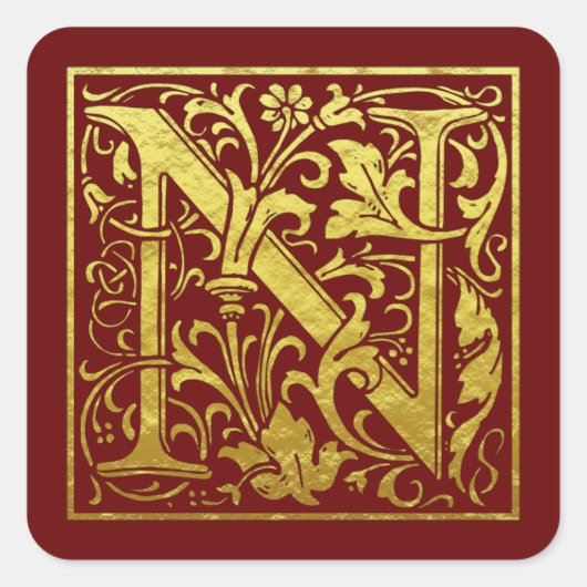 Letter N First Letter Faux Gold Red Vierkante Sticker (Voorkant)