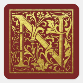 Letter N First Letter Faux Gold Red Vierkante Sticker