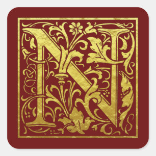 Letter N First Letter Faux Gold Red Vierkante Sticker