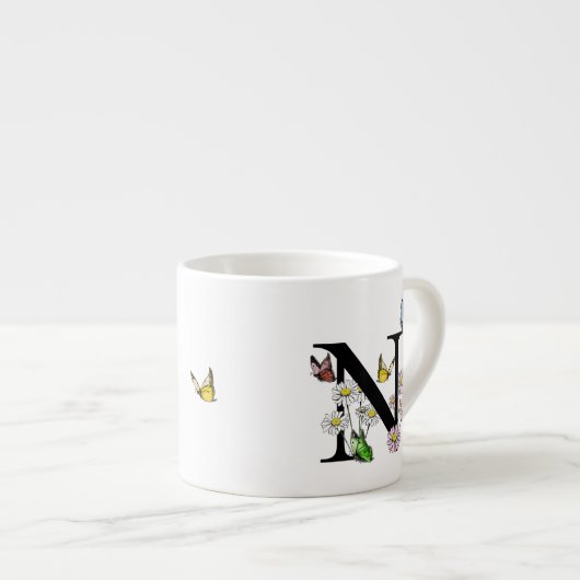 Letter N Floral Butterfly Monogram Initiaal Espresso Kop (Voorkant rechts)