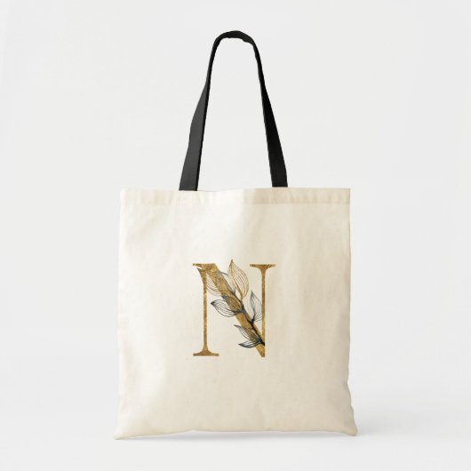 *~* Letter N Gold Monogram Initial Black Leaves Tote Bag (Voorkant)