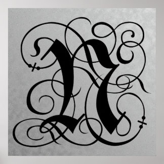 Letter N, Gothic Monogram Black Poster